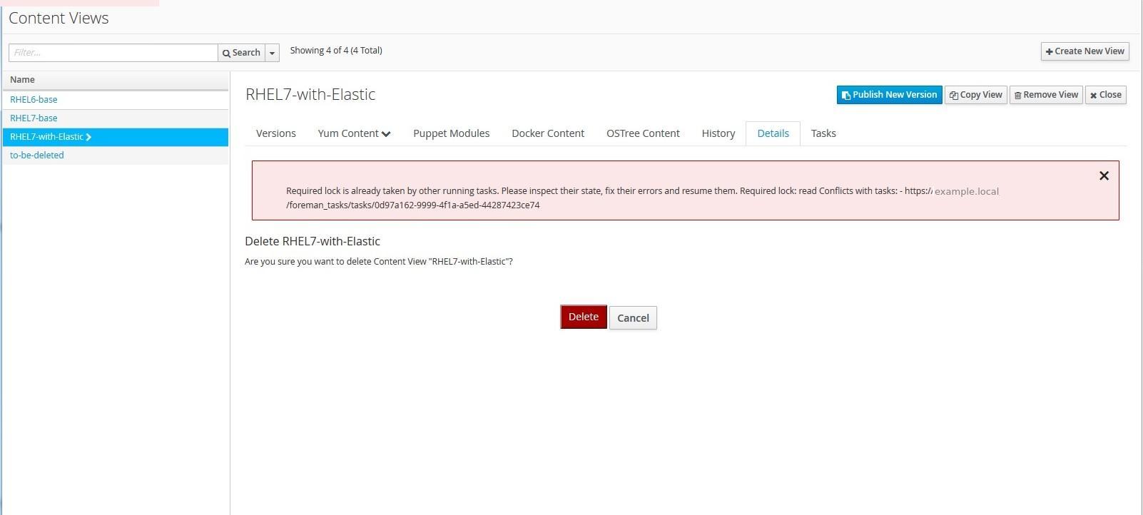Remove content view rhel7 with elastic new